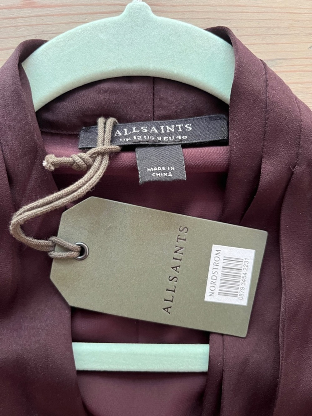 AllSaints Abi Long Sleeve Draped Asymmetrical Top in Port Purple. size 8. NWT. - Picture 7 of 12